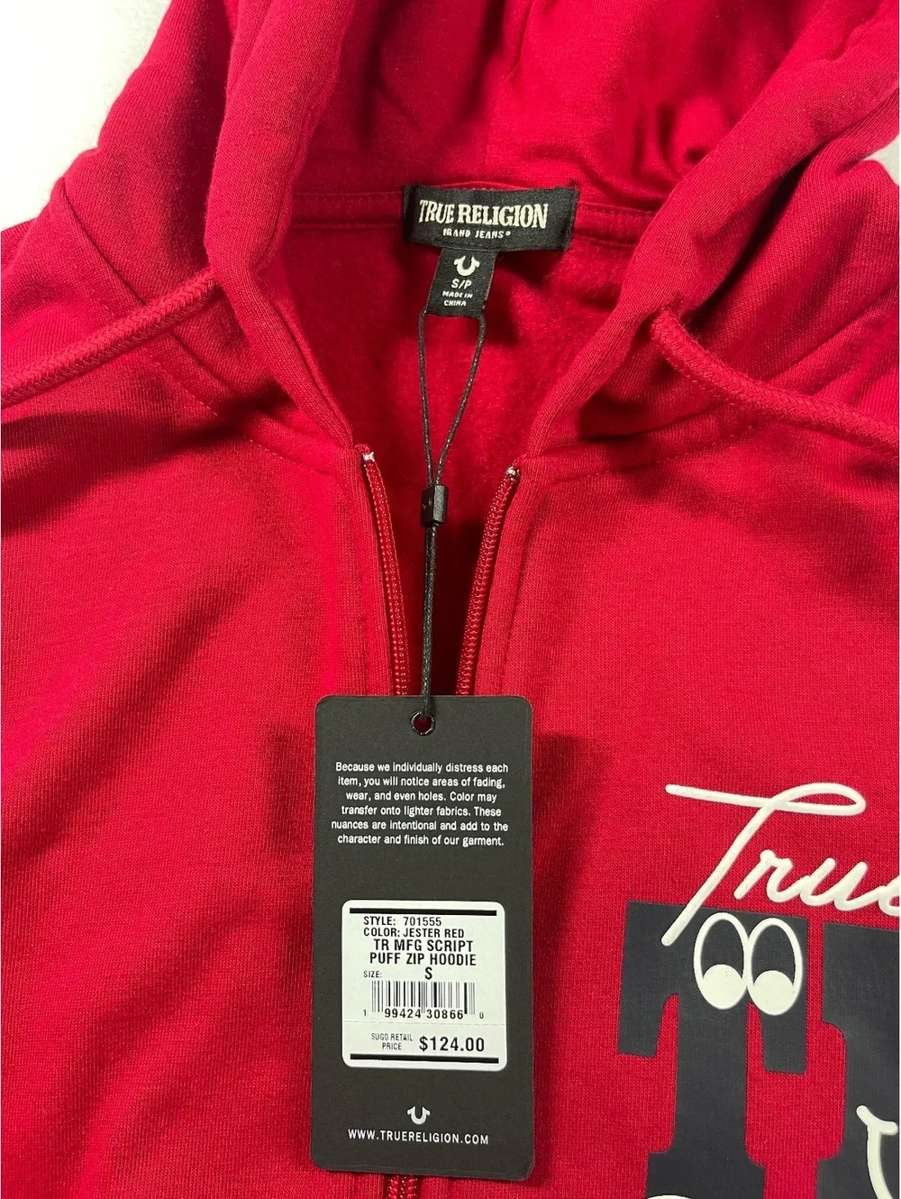 True Religion Red Zip-Up Hoodie Sweatshirt